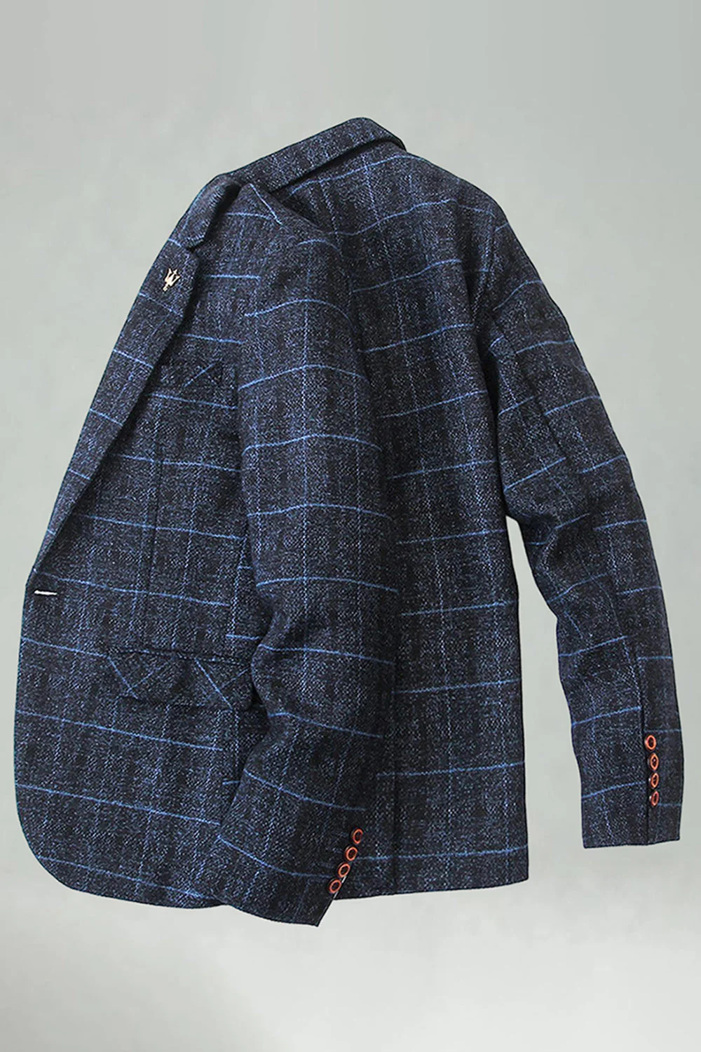 Checkered Notched Lapel Navy Men's Prom Blazer - Image 3