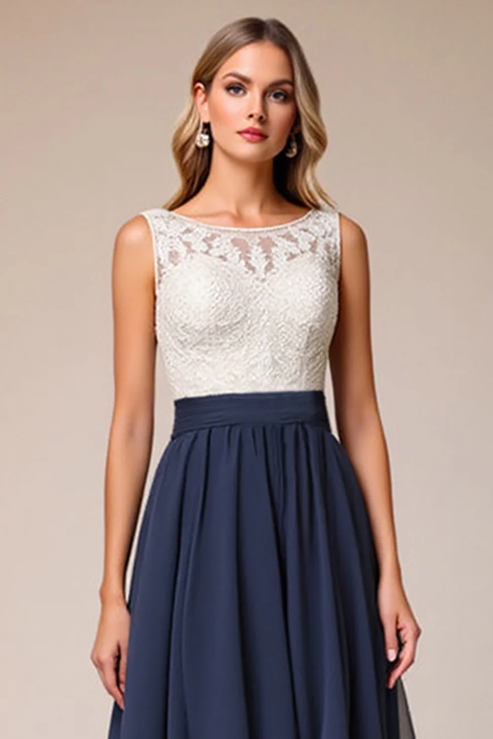 Chiffon High-Low A Line Lace Navy Wedding Guest Dress - Image 2