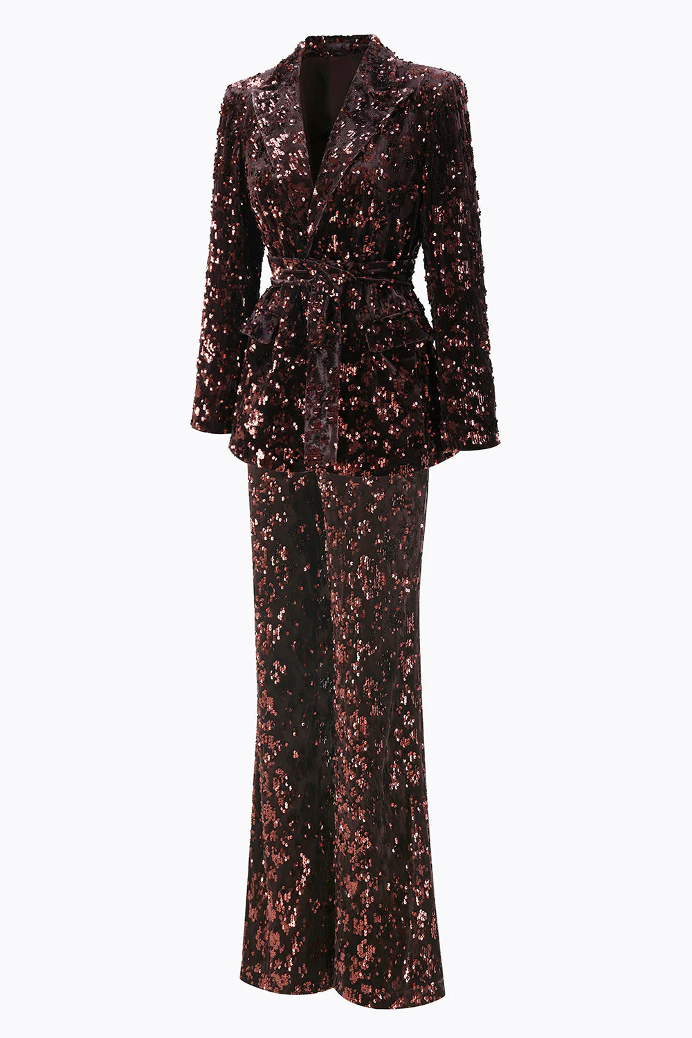 Coffee 2 Piece Peak Lapel Sequin Women's Prom Suit with Belt - Image 3