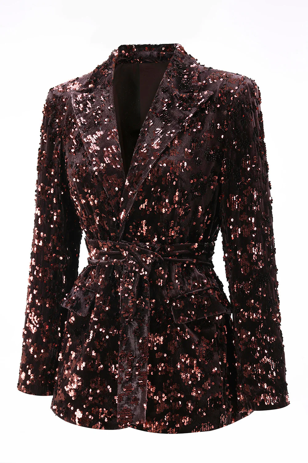 Coffee 2 Piece Peak Lapel Sequin Women's Prom Suit with Belt - Image 6