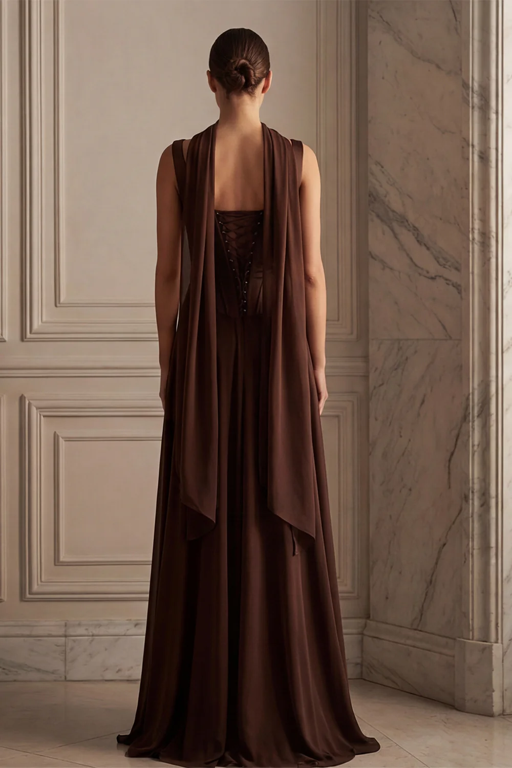 Coffee A Line Long Bridesmaid Dress with Streamer - Image 2