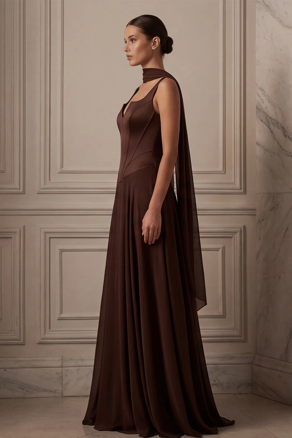 Coffee A Line Long Bridesmaid Dress with Streamer - Image 3