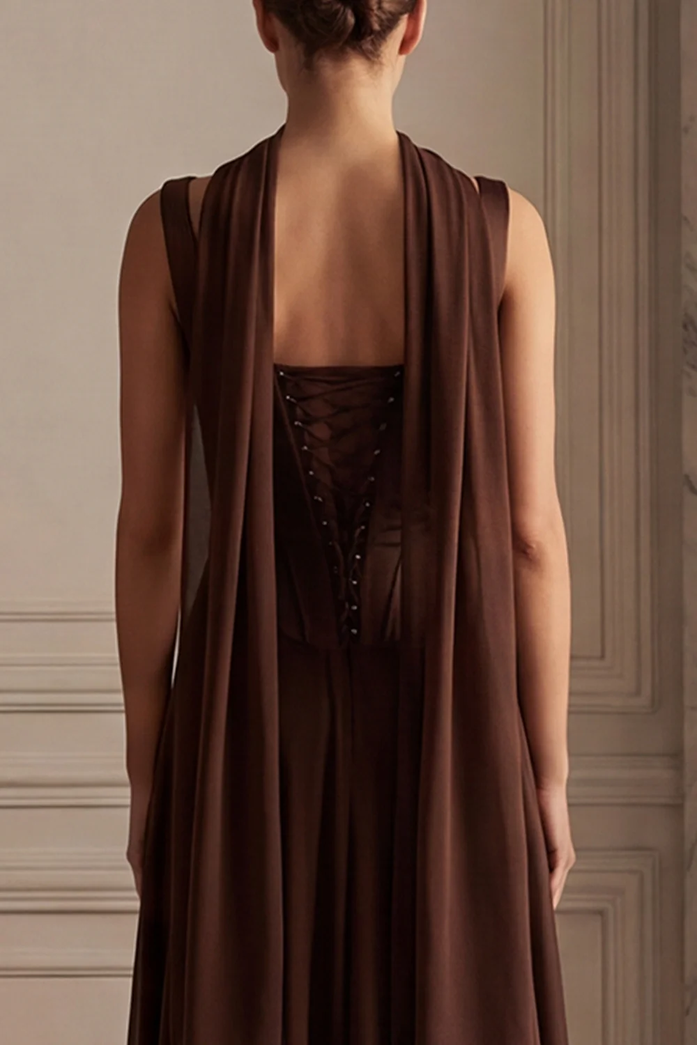 Coffee A Line Long Bridesmaid Dress with Streamer - Image 5