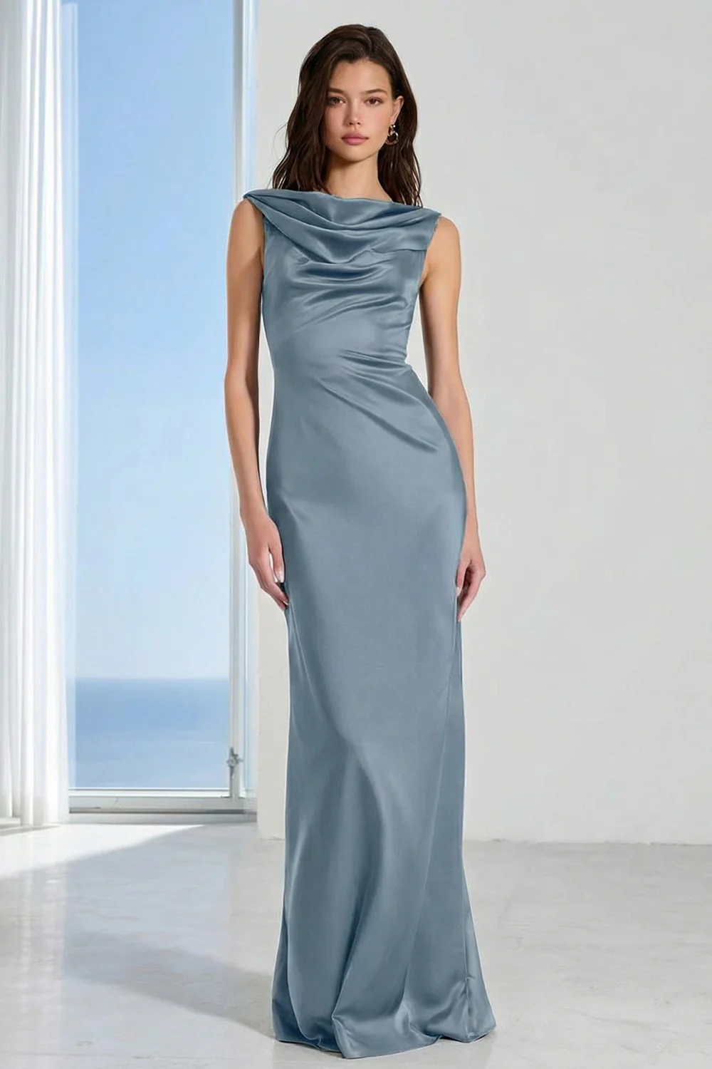 Coffee Bateau Neck Sheath Long Bridesmaid Dress - Image 10