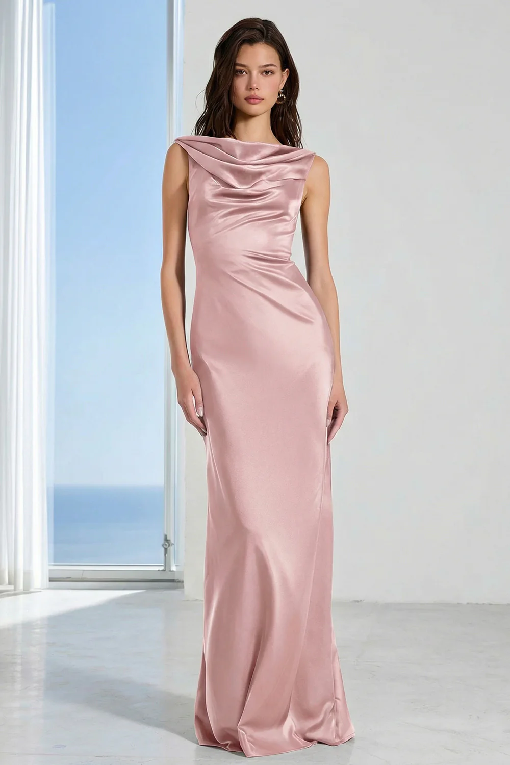Coffee Bateau Neck Sheath Long Bridesmaid Dress - Image 11