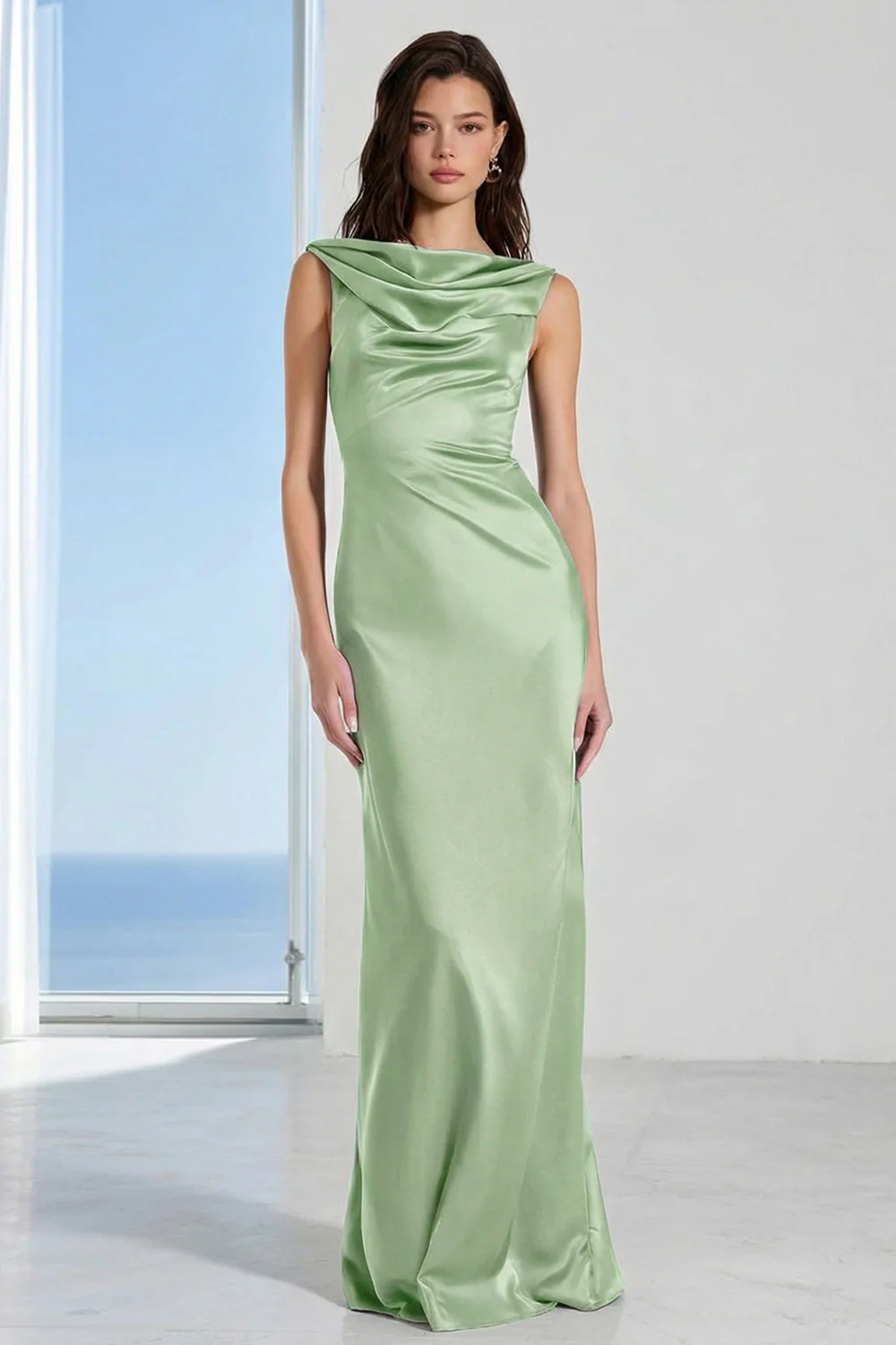 Coffee Bateau Neck Sheath Long Bridesmaid Dress - Image 12