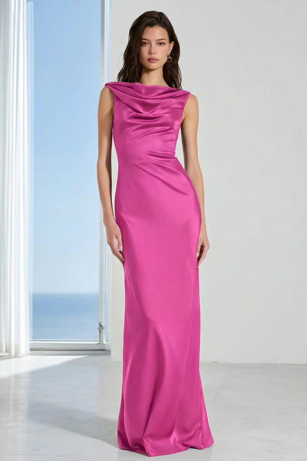 Coffee Bateau Neck Sheath Long Bridesmaid Dress - Image 13