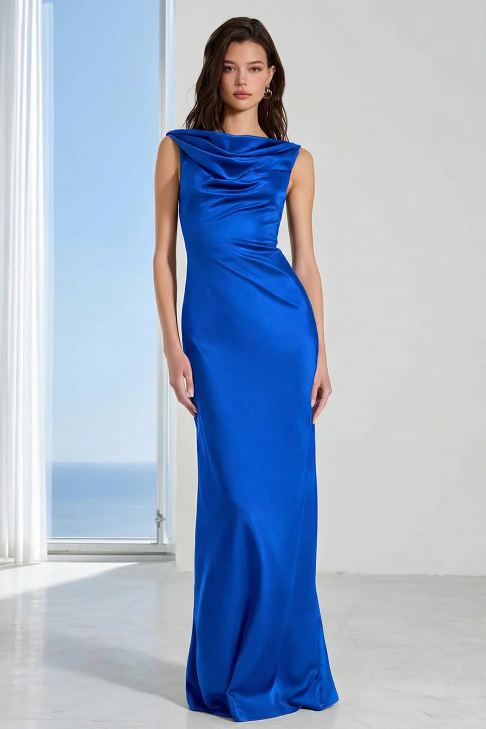 Coffee Bateau Neck Sheath Long Bridesmaid Dress - Image 14