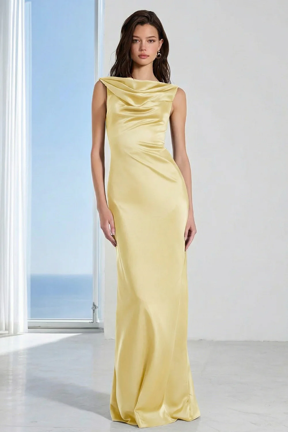 Coffee Bateau Neck Sheath Long Bridesmaid Dress - Image 16