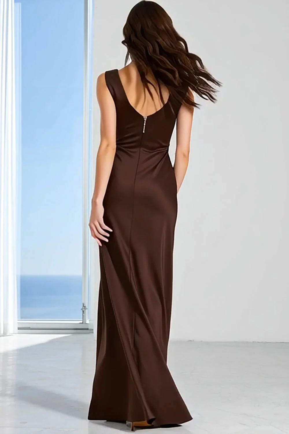 Coffee Bateau Neck Sheath Long Bridesmaid Dress - Image 2