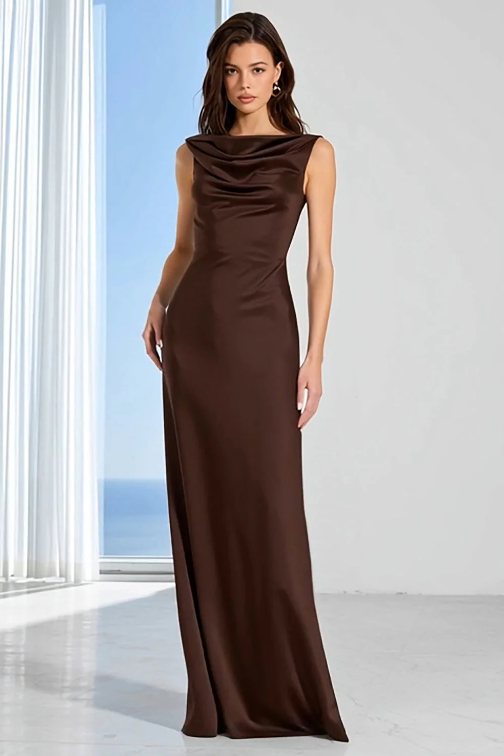 Coffee Bateau Neck Sheath Long Bridesmaid Dress - Image 3