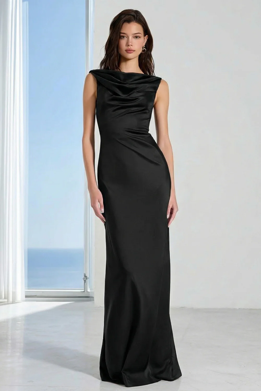 Coffee Bateau Neck Sheath Long Bridesmaid Dress - Image 6
