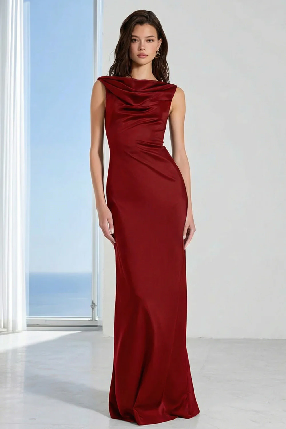 Coffee Bateau Neck Sheath Long Bridesmaid Dress - Image 7