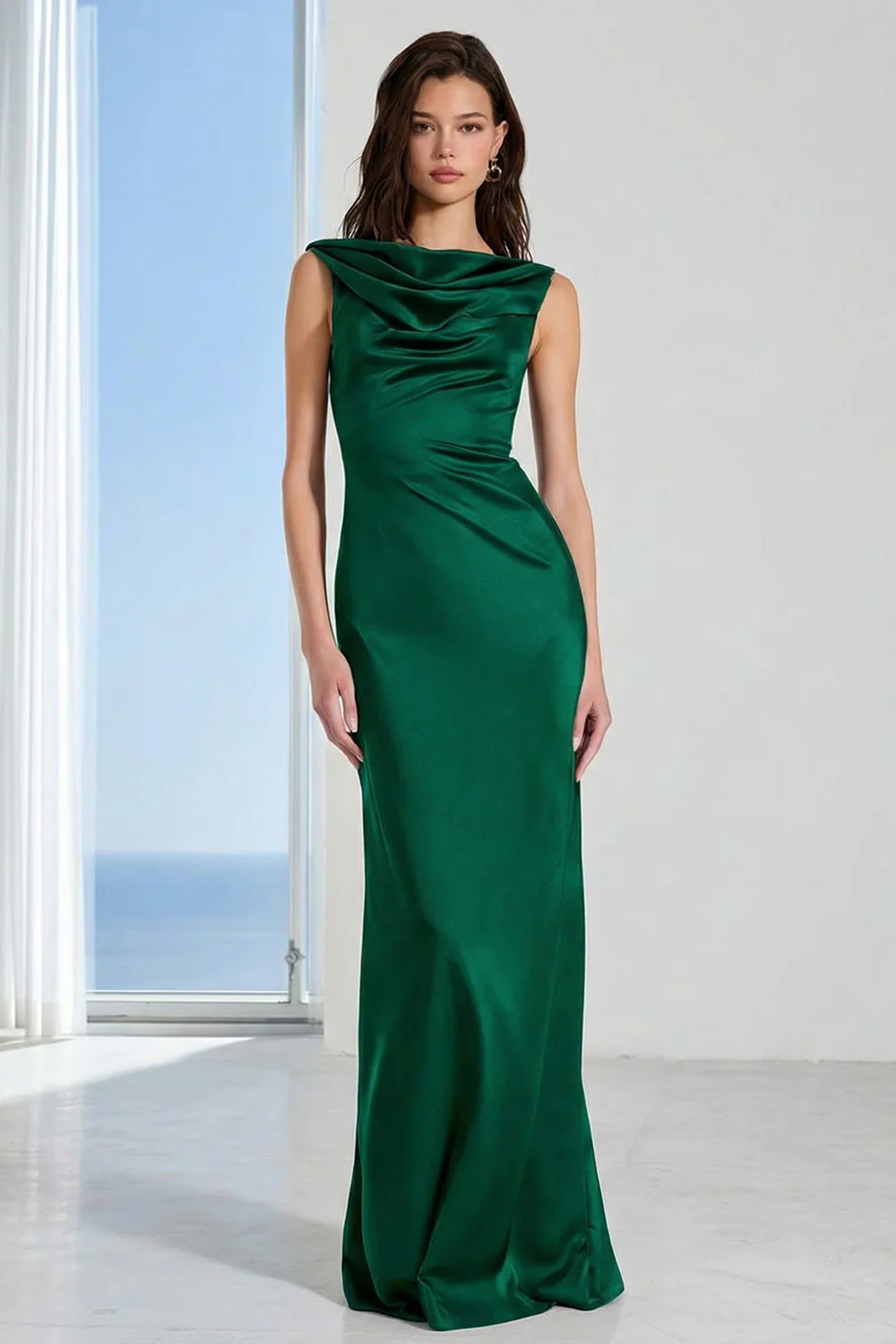 Coffee Bateau Neck Sheath Long Bridesmaid Dress - Image 8
