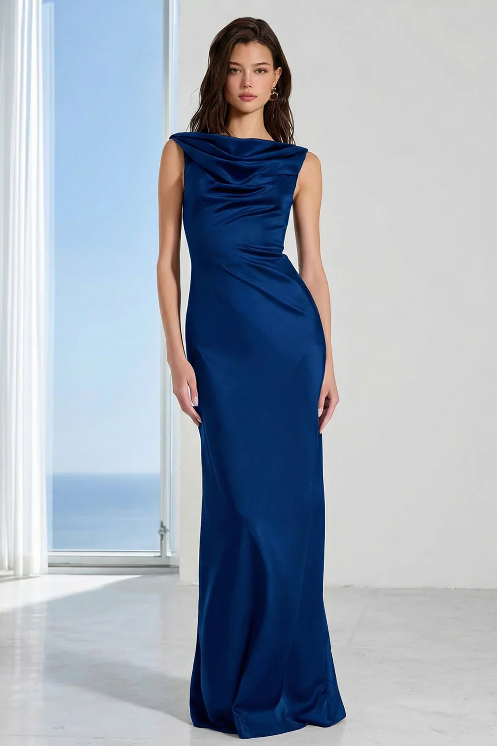 Coffee Bateau Neck Sheath Long Bridesmaid Dress - Image 9