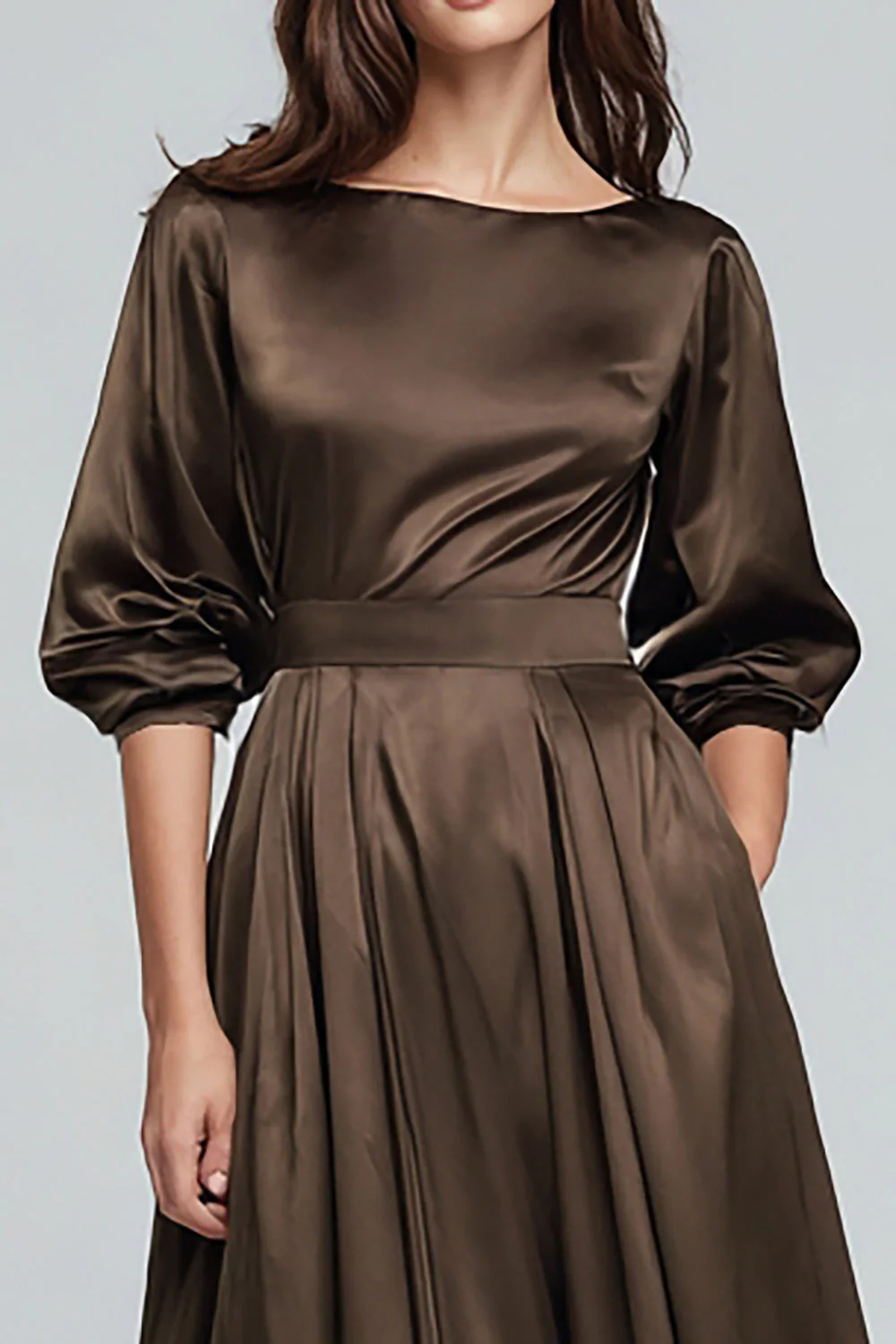 Coffee Boat Neck Satin Midi Formal Dress - Image 2