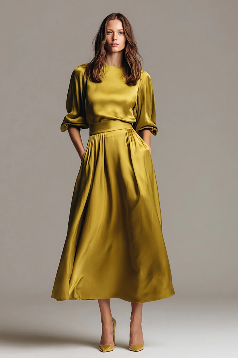 Coffee Boat Neck Satin Midi Formal Dress - Image 3