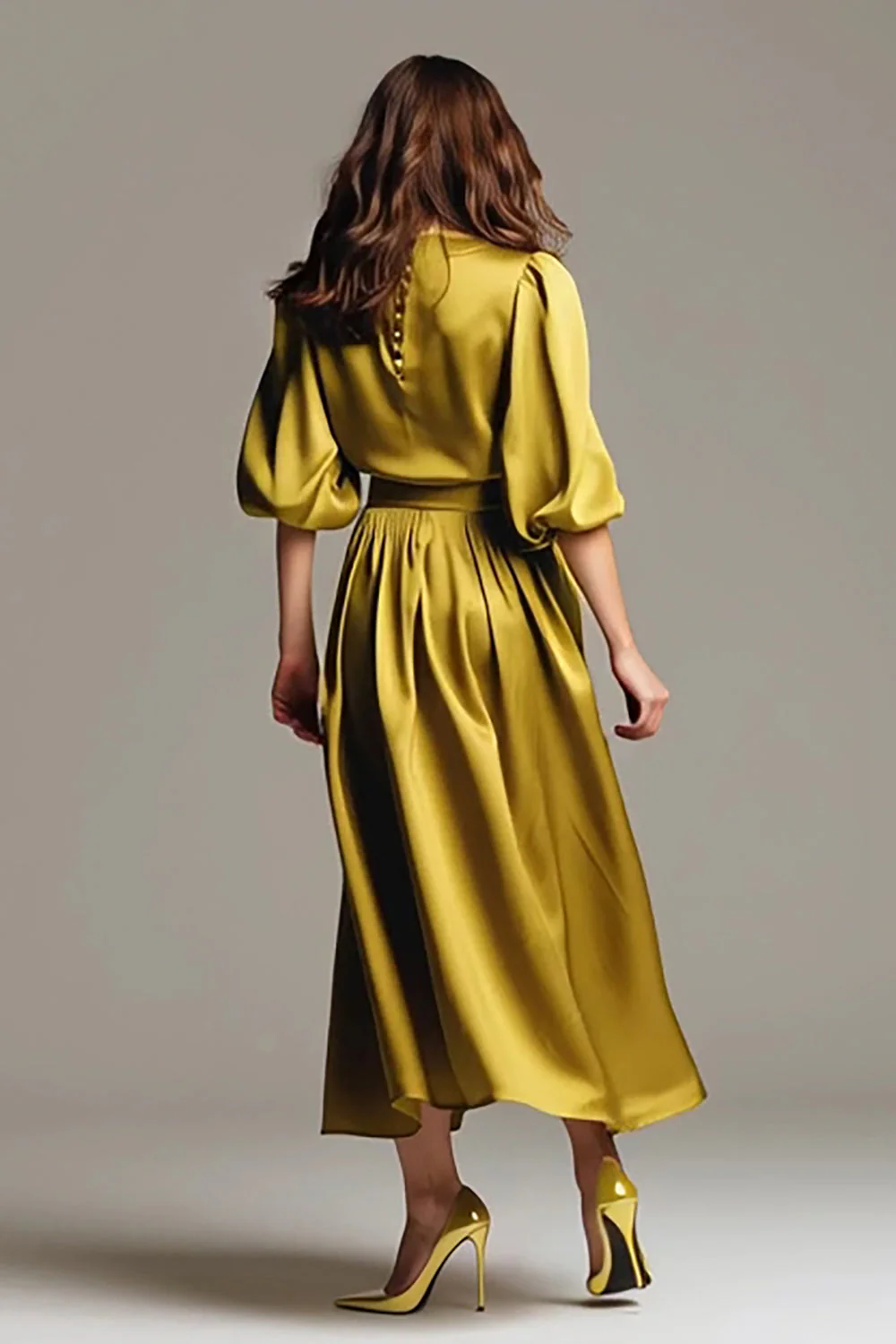 Coffee Boat Neck Satin Midi Formal Dress - Image 4