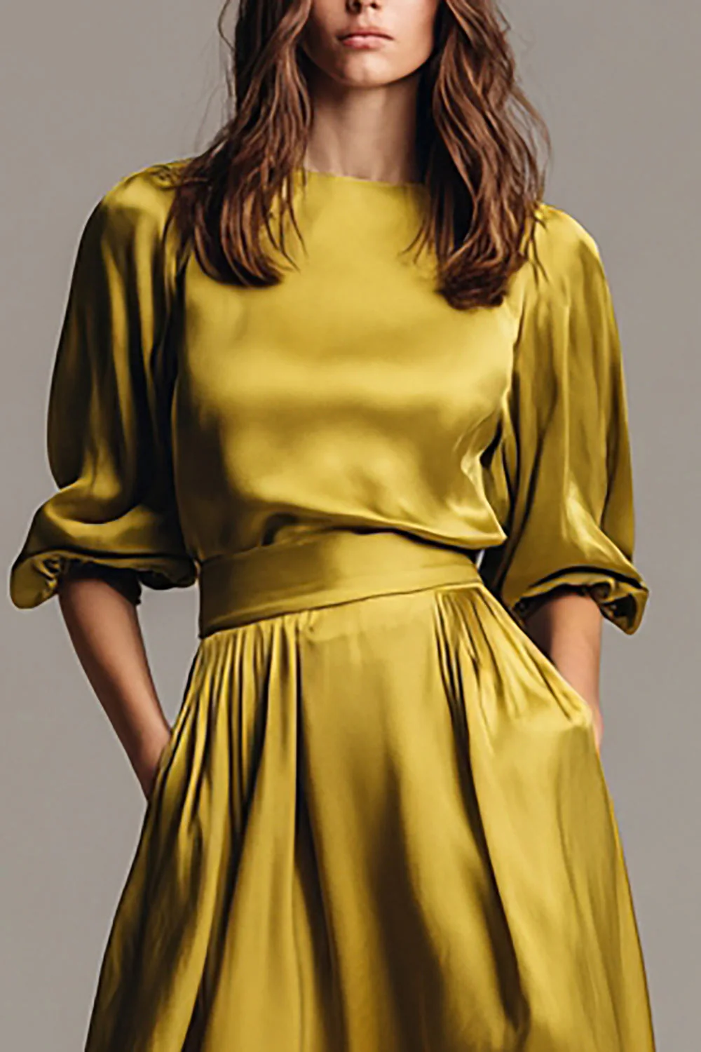 Coffee Boat Neck Satin Midi Formal Dress - Image 5