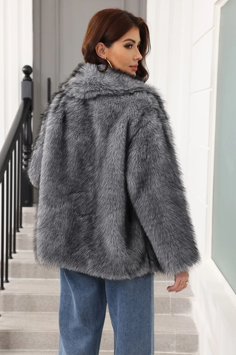 Coffee Faux Fur Shawl Lapel Women Coat with Belt - Image 10