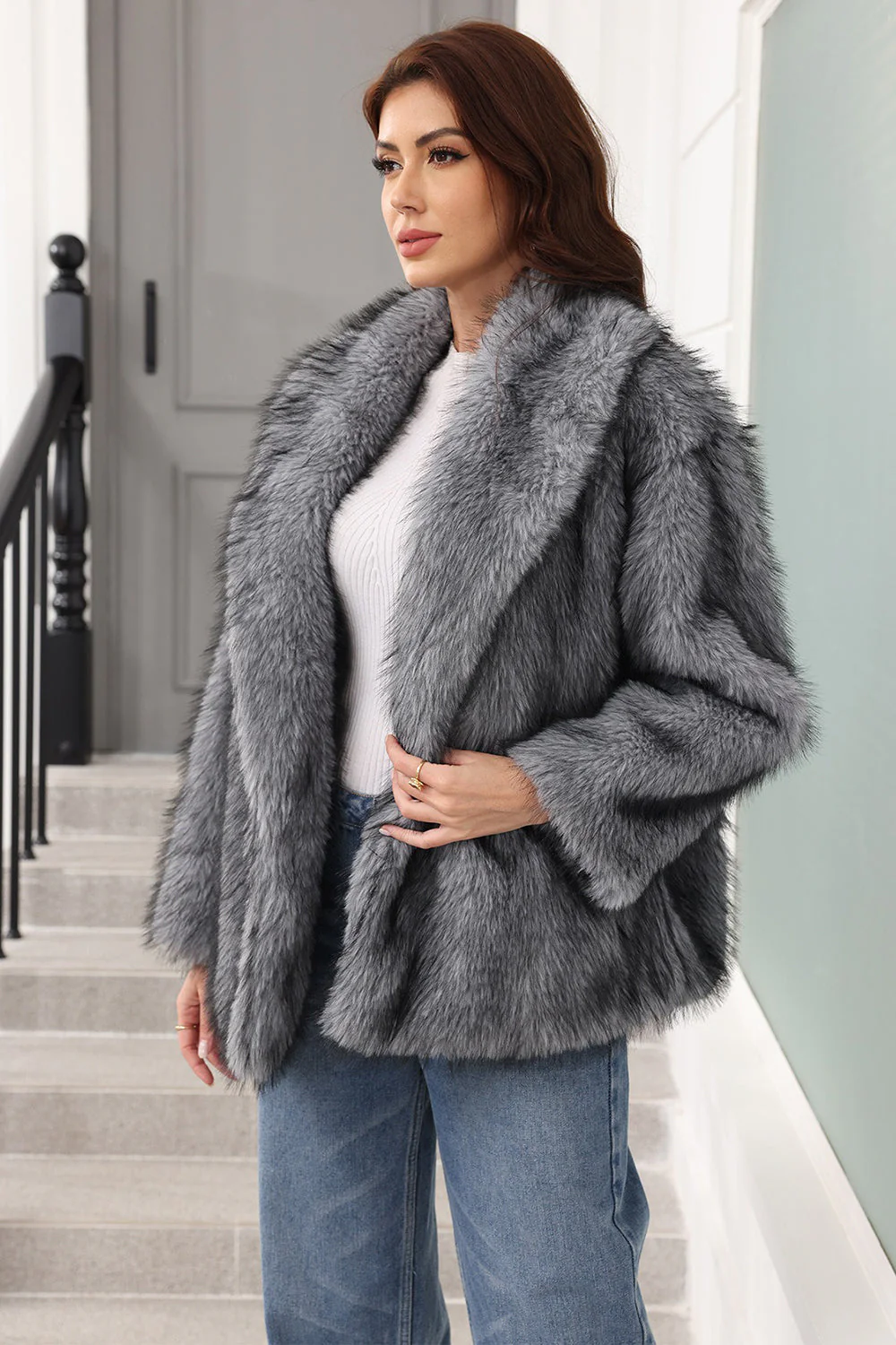 Coffee Faux Fur Shawl Lapel Women Coat with Belt - Image 11