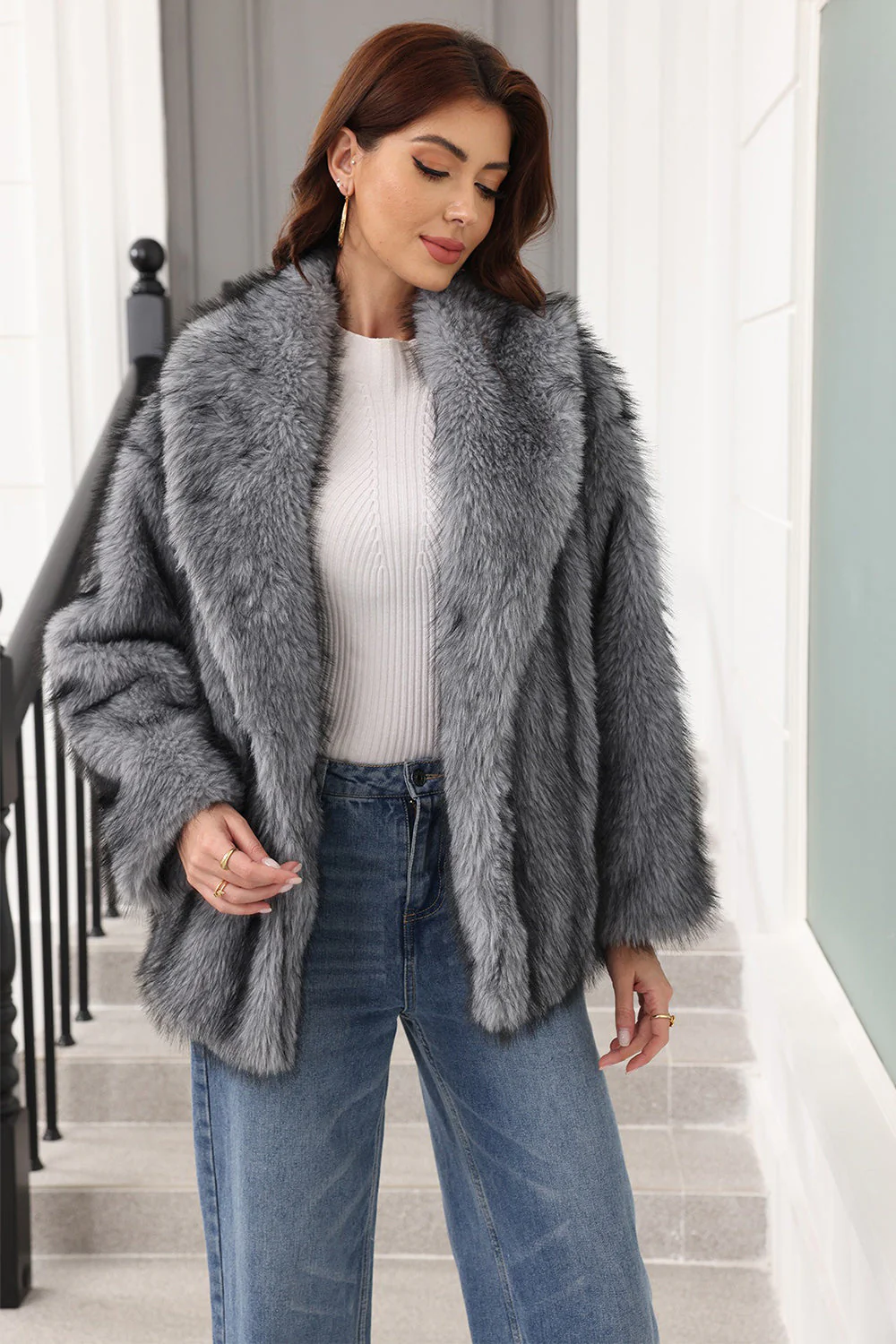 Coffee Faux Fur Shawl Lapel Women Coat with Belt - Image 12