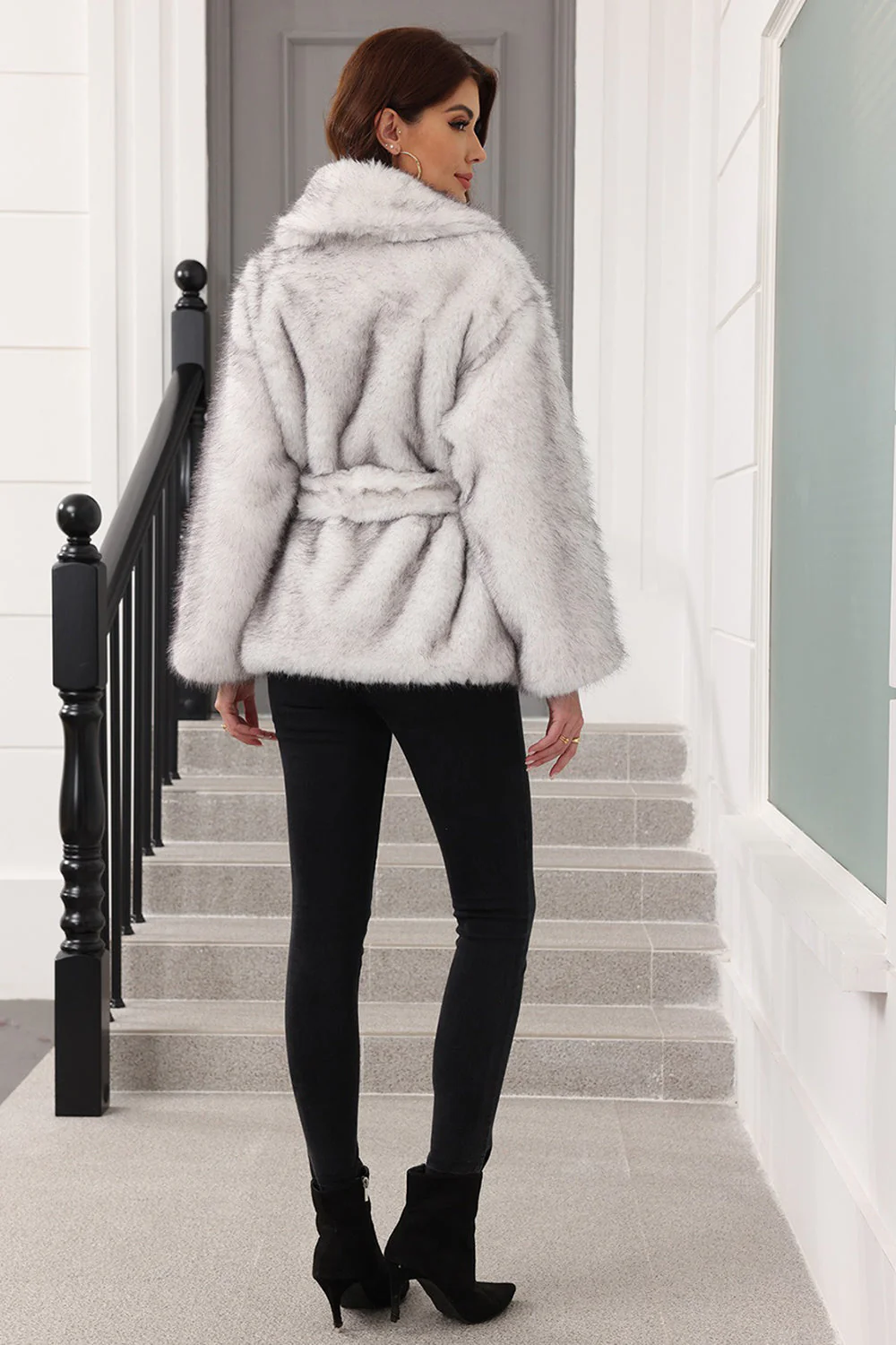 Coffee Faux Fur Shawl Lapel Women Coat with Belt - Image 14