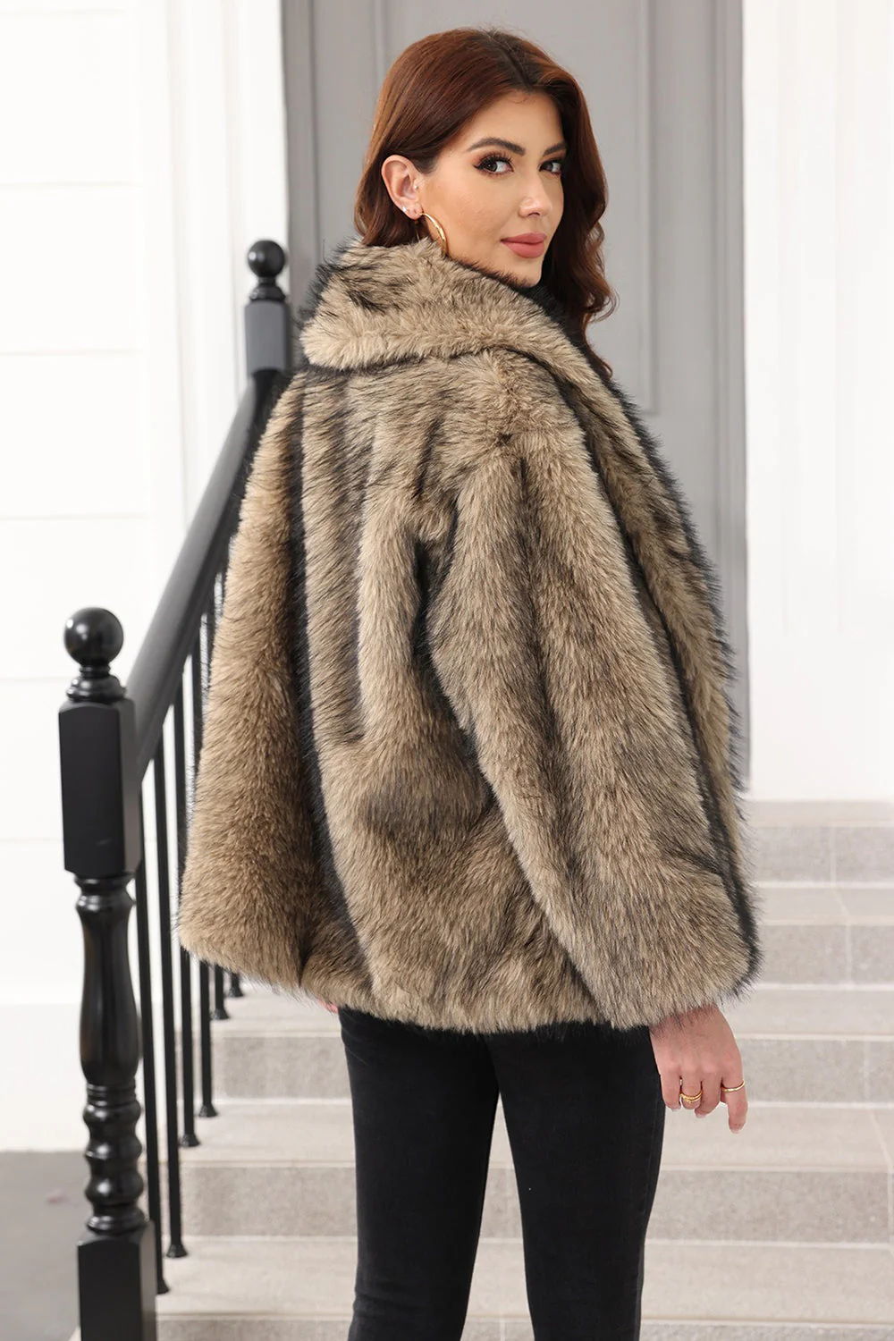 Coffee Faux Fur Shawl Lapel Women Coat with Belt - Image 5