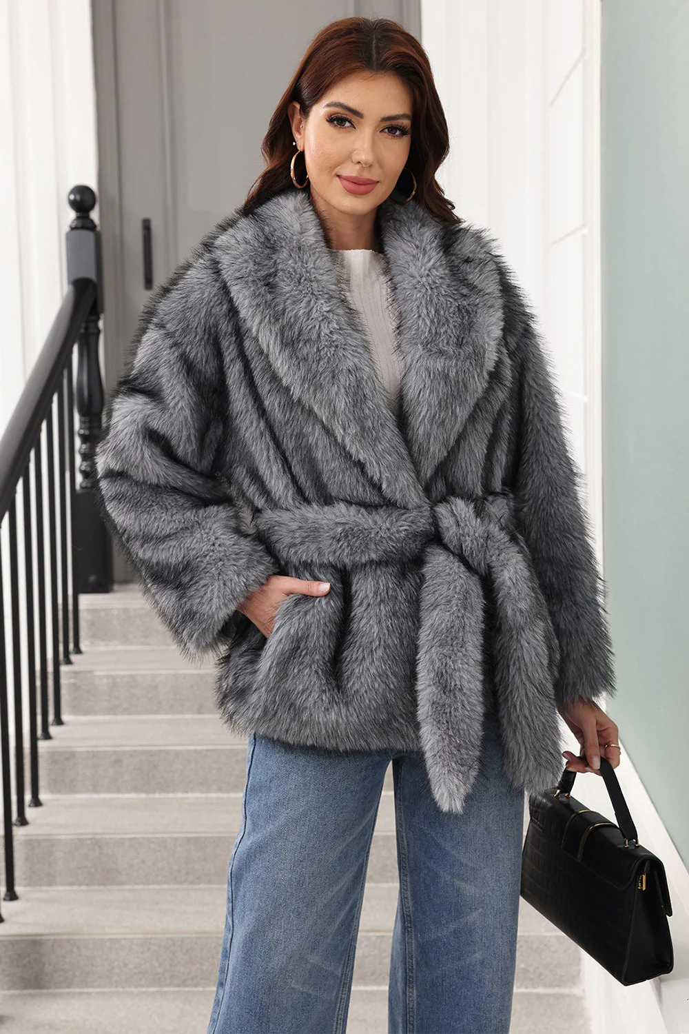 Coffee Faux Fur Shawl Lapel Women Coat with Belt - Image 7