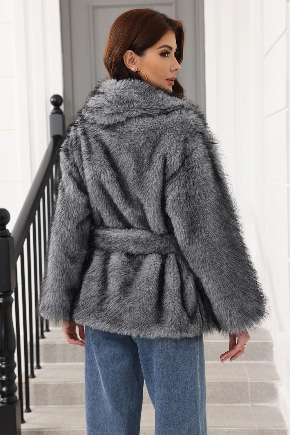 Coffee Faux Fur Shawl Lapel Women Coat with Belt - Image 8