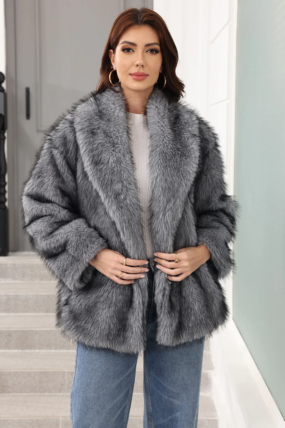 Coffee Faux Fur Shawl Lapel Women Coat with Belt - Image 9