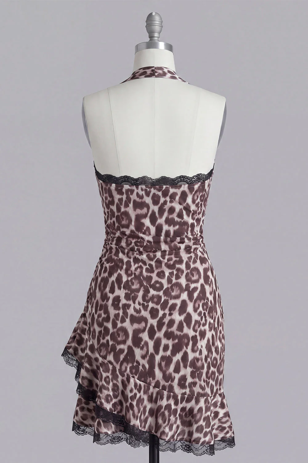 Halter Coffee Leopard Bodycon Short Cocktail Dress with Ruffles - Image 2