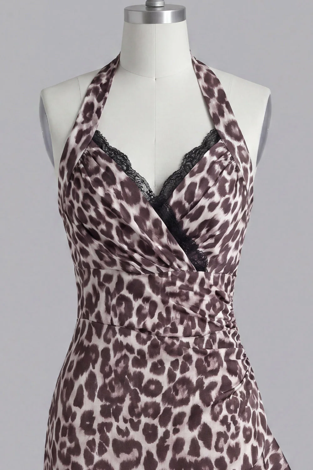 Halter Coffee Leopard Bodycon Short Cocktail Dress with Ruffles - Image 5