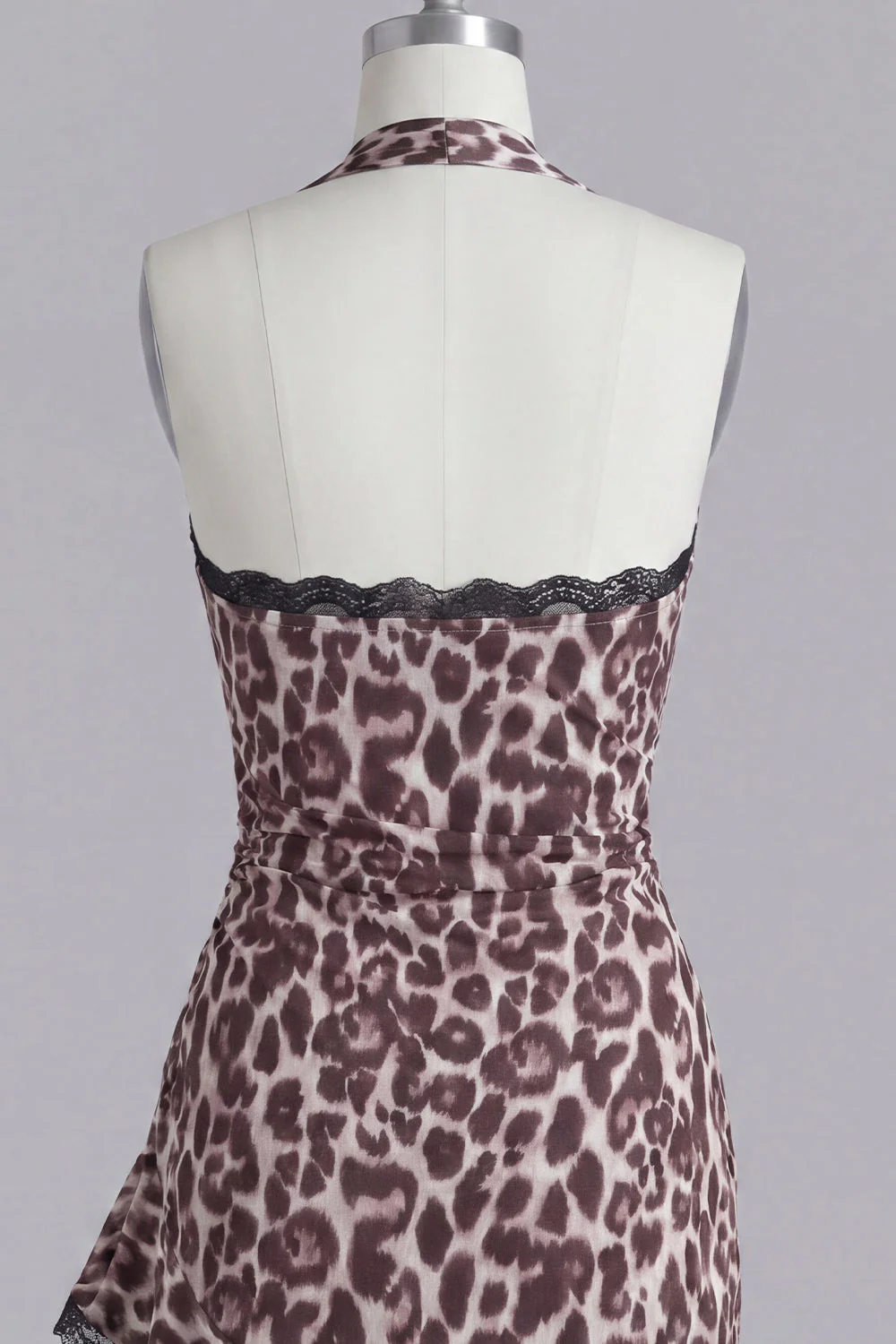 Halter Coffee Leopard Bodycon Short Cocktail Dress with Ruffles - Image 6