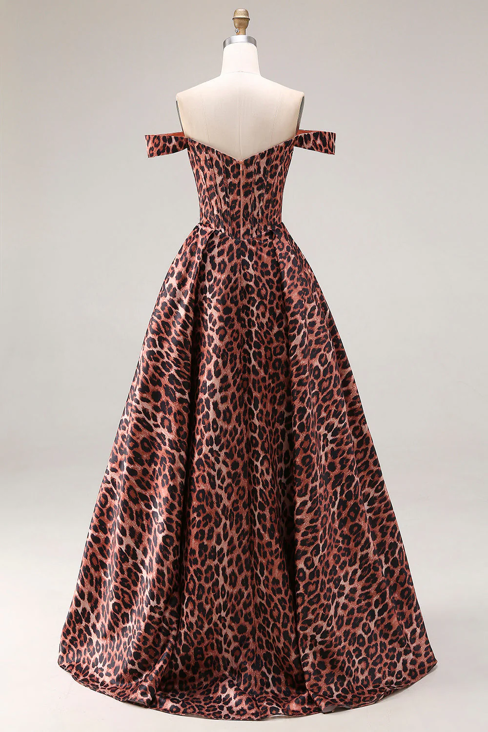 Off the Shoulder Coffee Leopard A Line Long Prom Dress - Image 2