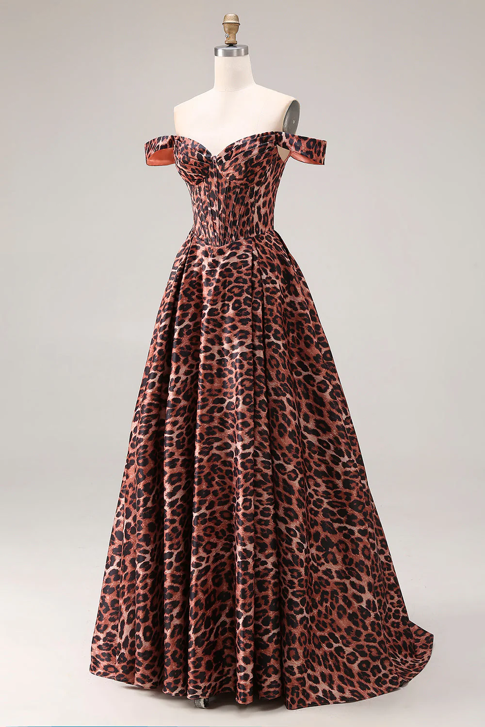 Off the Shoulder Coffee Leopard A Line Long Prom Dress - Image 3