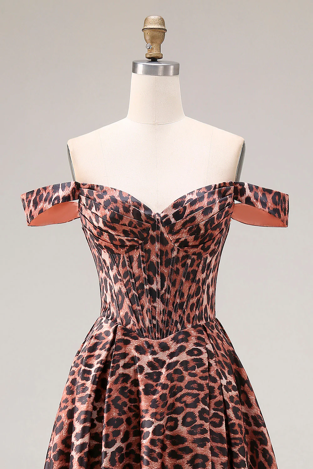 Off the Shoulder Coffee Leopard A Line Long Prom Dress - Image 4