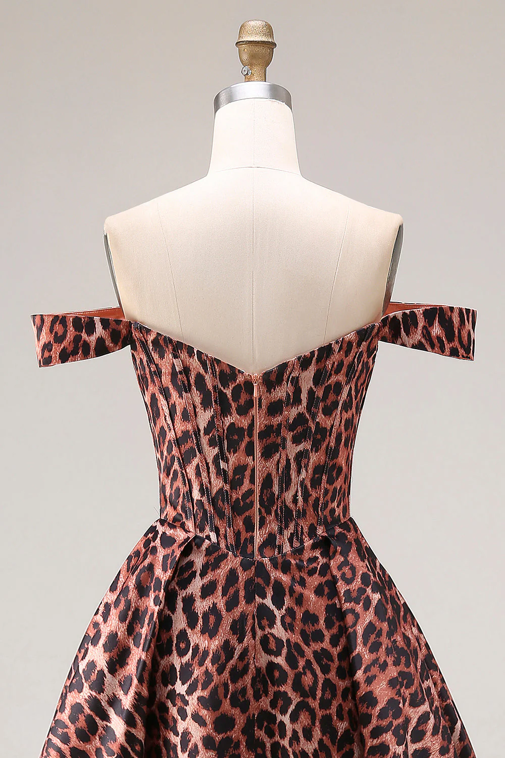 Off the Shoulder Coffee Leopard A Line Long Prom Dress - Image 5