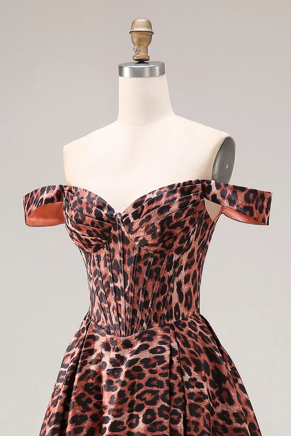 Off the Shoulder Coffee Leopard A Line Long Prom Dress - Image 6