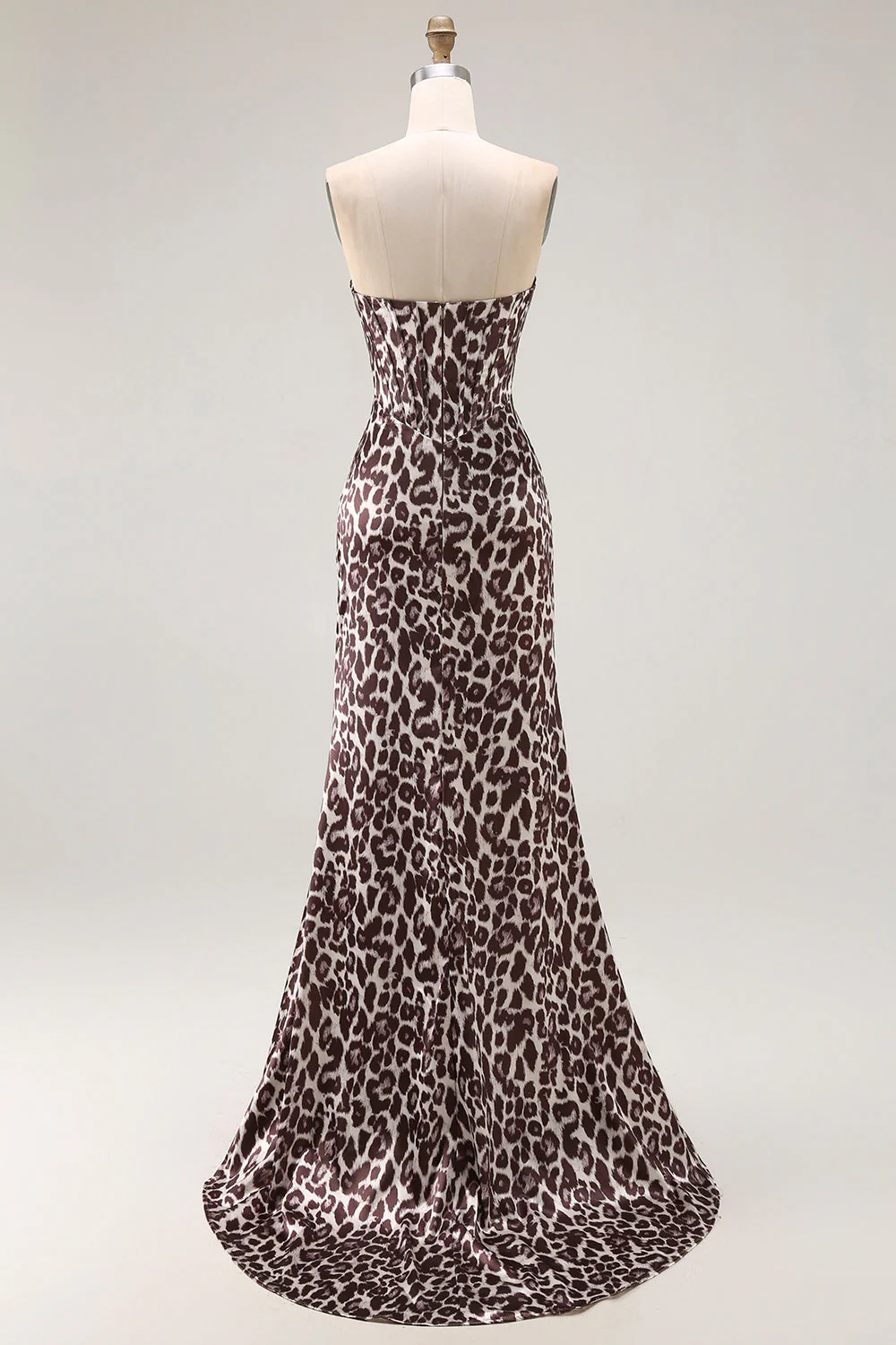 Coffee Leopard Mermaid Strapless Corset Long Prom Dress with Slit - Image 2