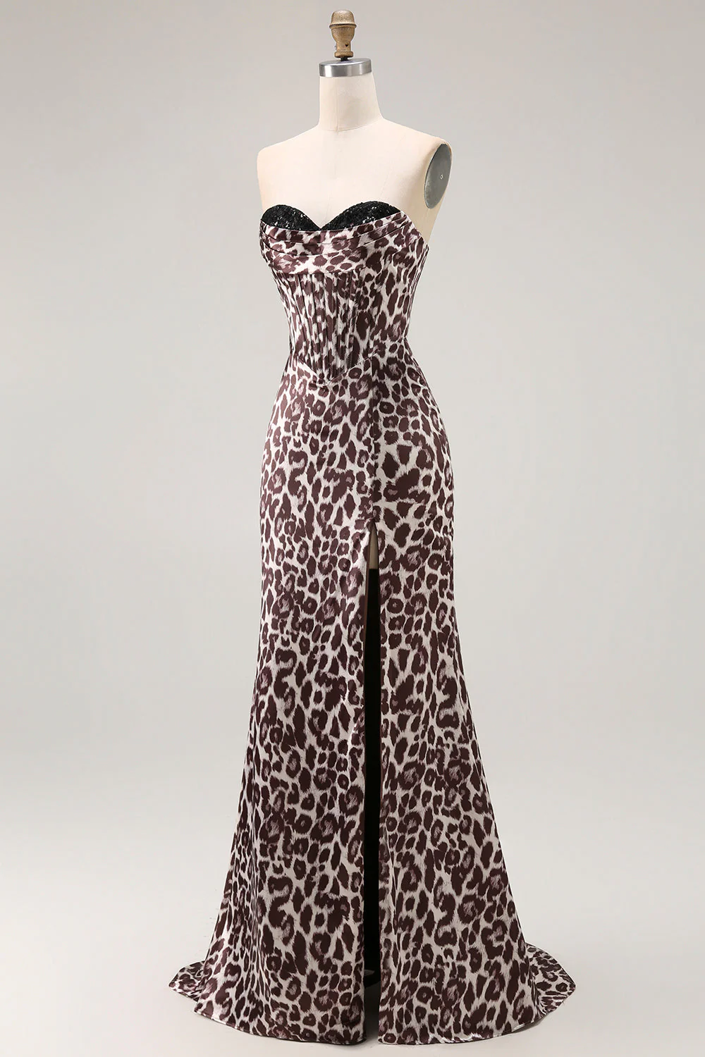 Coffee Leopard Mermaid Strapless Corset Long Prom Dress with Slit - Image 5