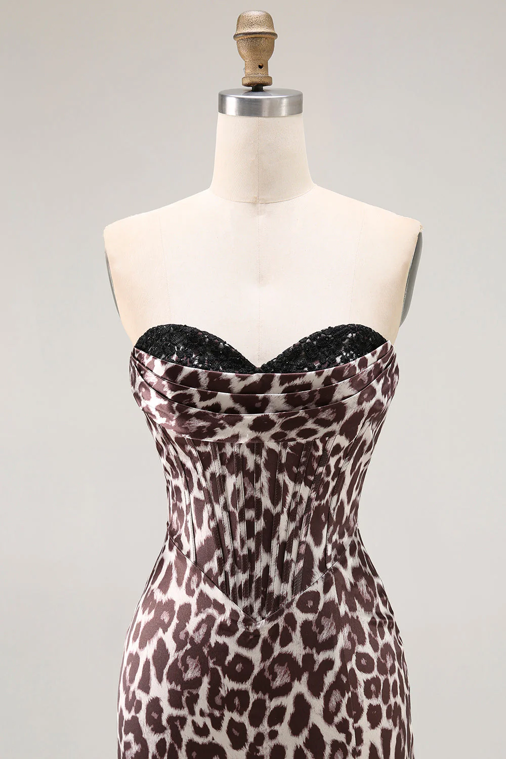 Coffee Leopard Mermaid Strapless Corset Long Prom Dress with Slit - Image 6