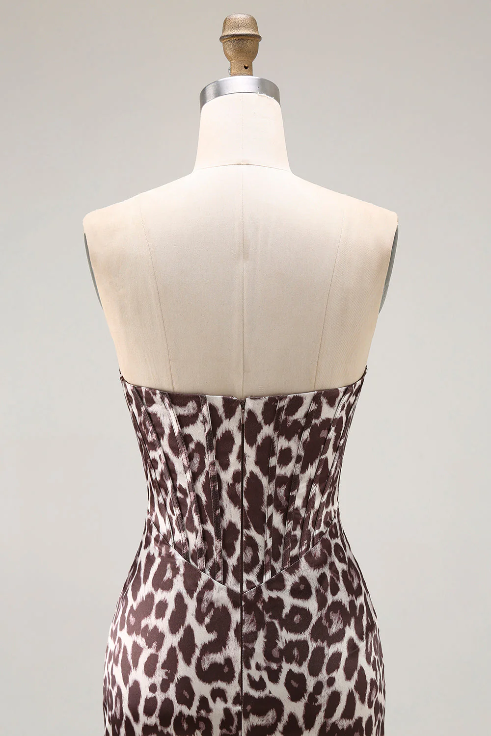 Coffee Leopard Mermaid Strapless Corset Long Prom Dress with Slit - Image 7
