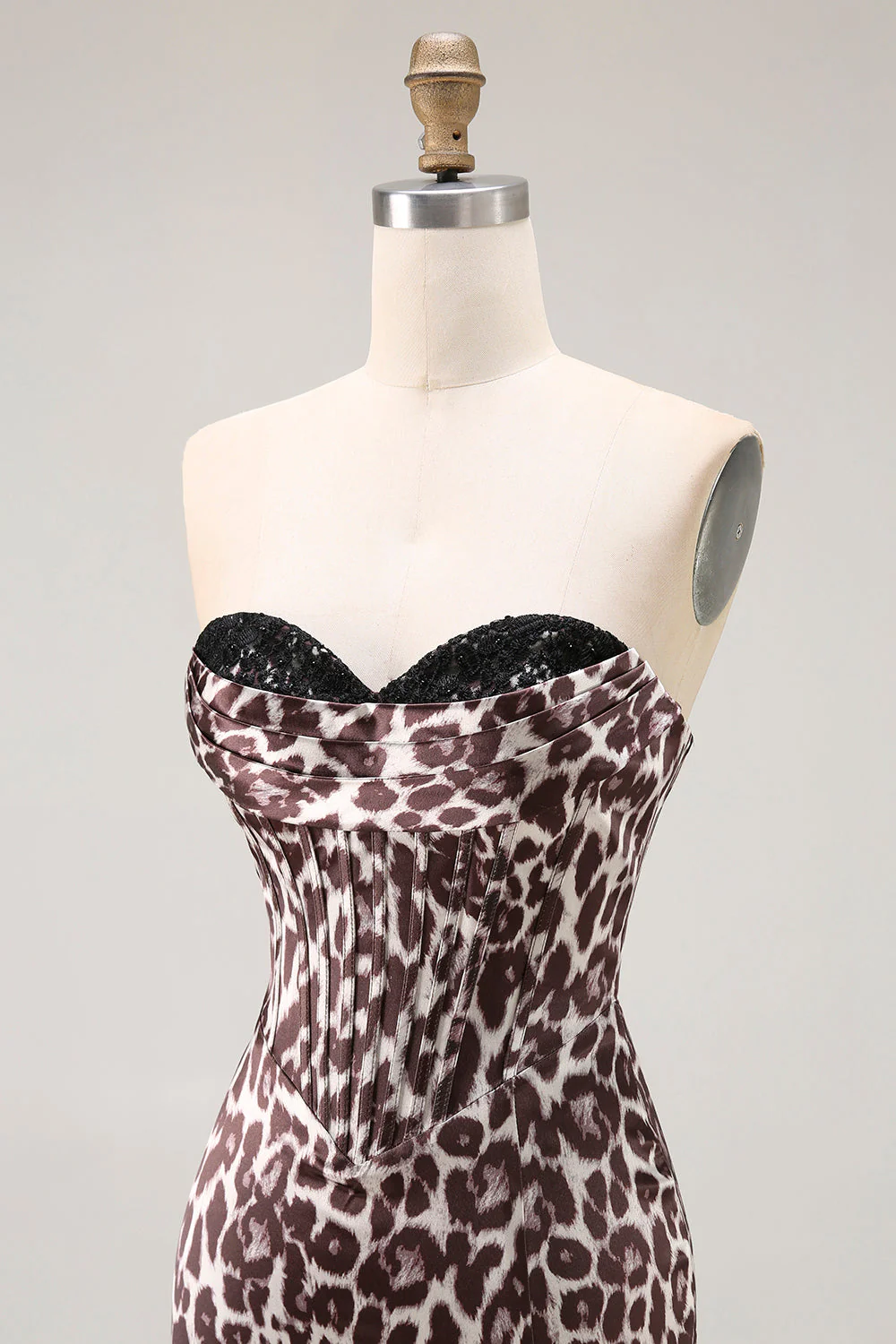 Coffee Leopard Mermaid Strapless Corset Long Prom Dress with Slit - Image 8