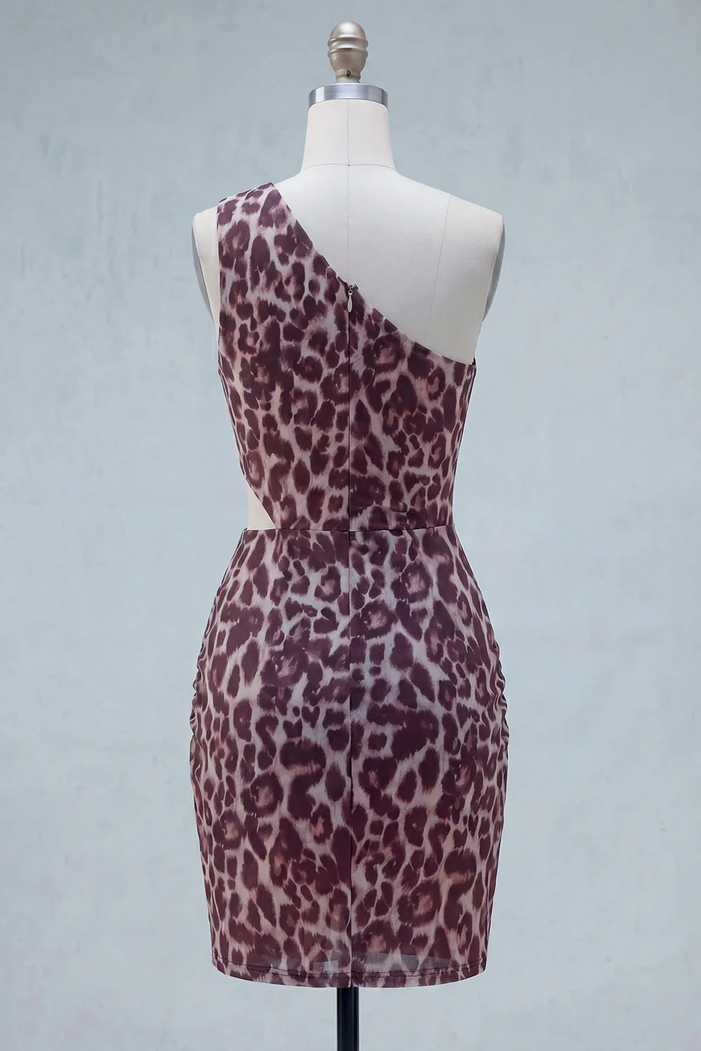 Coffee Leopard Bodycon One Shoulder Cut Out Cocktail Dress - Image 2
