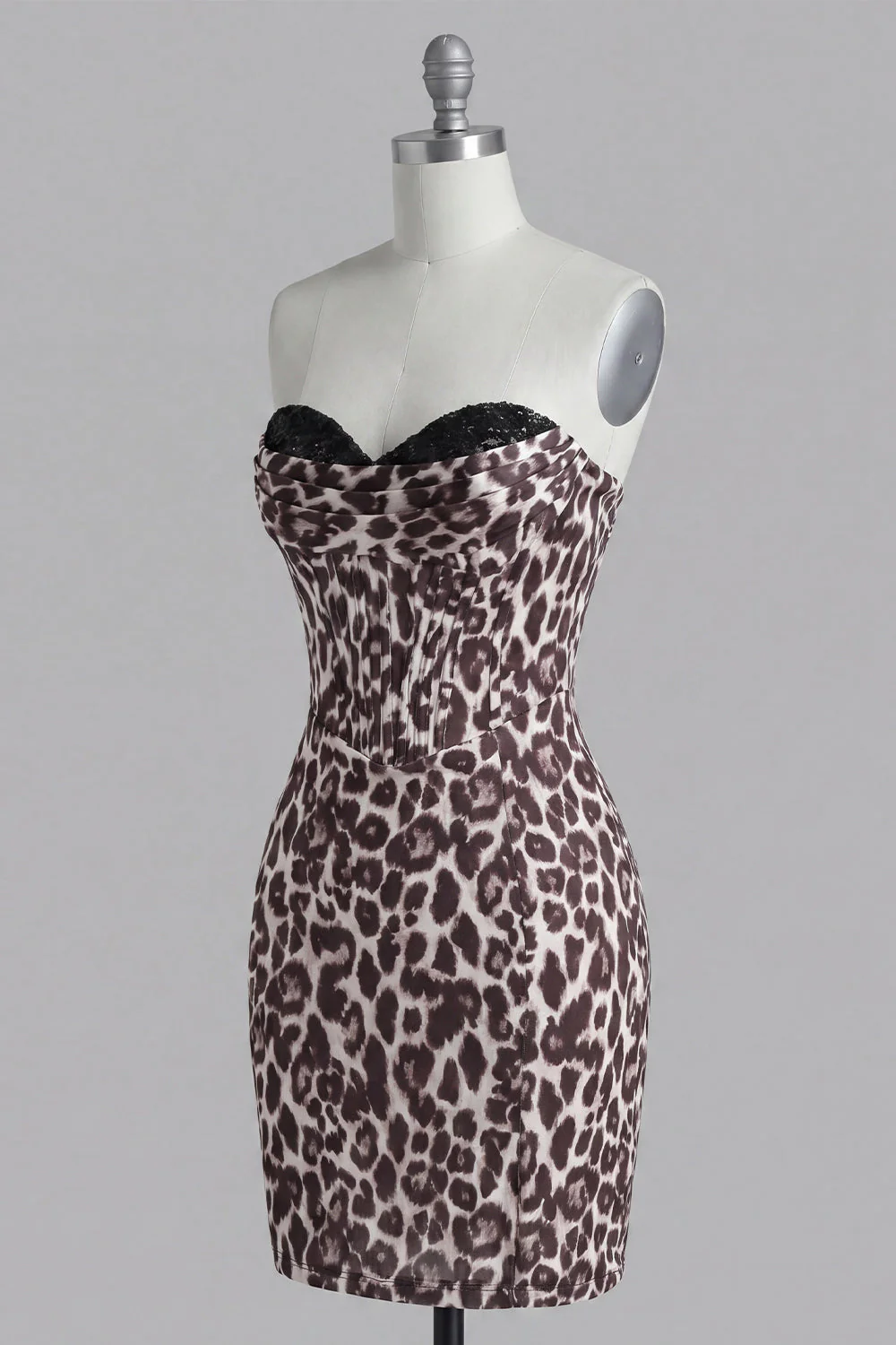 Coffee Leopard Sweetheart Print Bodycon Short Cocktail Dress - Image 5