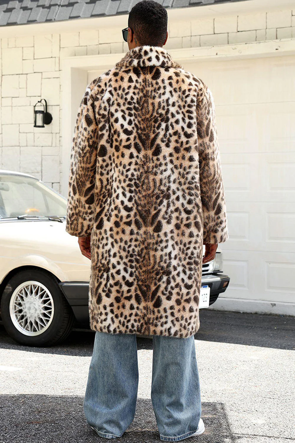 Coffee Leopard Shawl Collar Long Faux Fur Men's Coat - Image 2