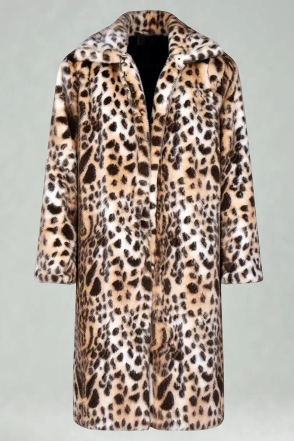 Coffee Leopard Shawl Collar Long Faux Fur Men's Coat - Image 3