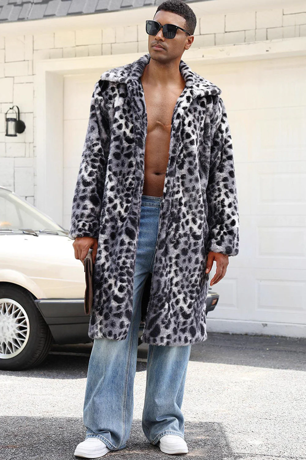 Coffee Leopard Shawl Collar Long Faux Fur Men's Coat - Image 5