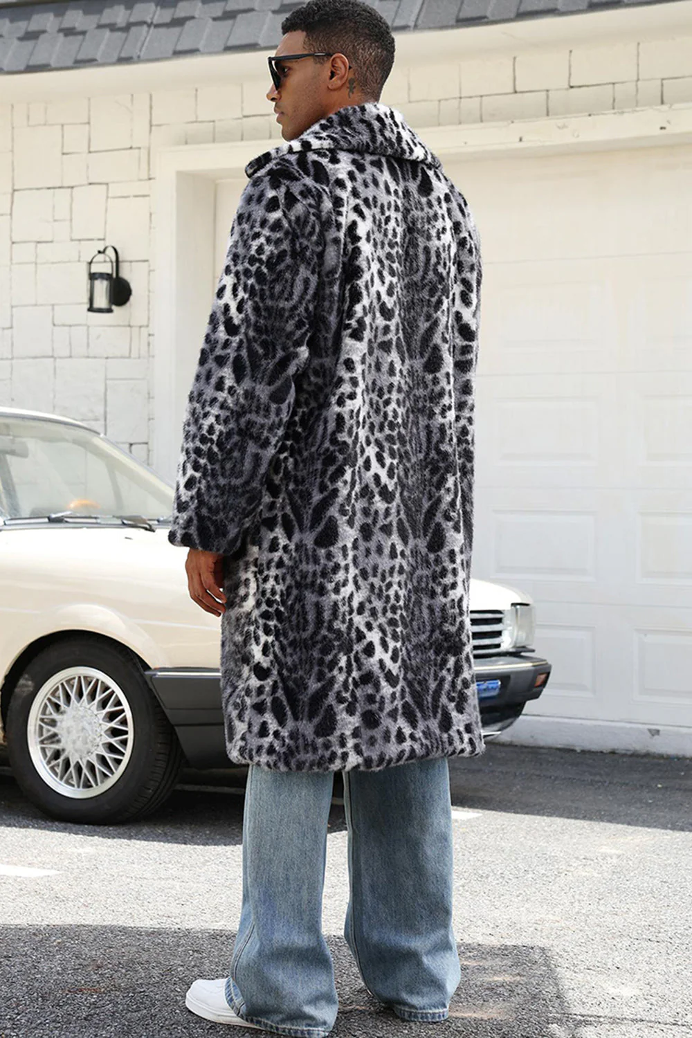 Coffee Leopard Shawl Collar Long Faux Fur Men's Coat - Image 6